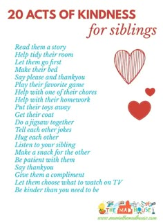 a poem with the words 20 acts of kindness for siblings on it and an image of