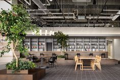 an office with tables, chairs and plants in the middle of the room on either side of the desks