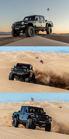 two jeeps driving in the sand dunes