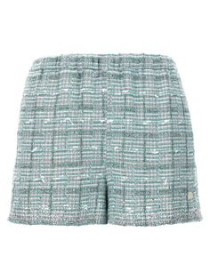 Bouclé cotton blend shorts, mid elastic waistband, crystal details, front logo detail. Composition: 57% cotton 37% polyester 2% polyamide 2% viscose 1% linen 1% acetate Luxury Short Bottoms For Spring, Luxury Short Spring Bottoms, Luxury Short Length Bottoms For Spring, Luxury Short Length Spring Bottoms, Embellished Shorts, Checkered Shirt, Crossbody Tote Bag, Leather Accessories, Vintage Tees