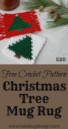 crochet christmas tree mug rug pattern with text overlay