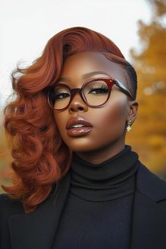 Golden Ginger Hair Black Women, Short Auburn Curly Hair, Long Hair Shaved Sides, Color Ideas For Black Women, Side Shaved, Hair Colors For Black Women, Colors For Black Women, Half And Half Hair, Red Curls