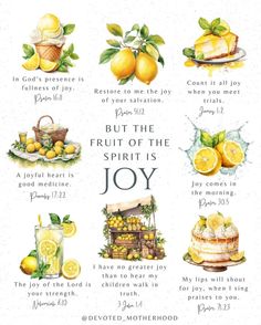 the fruit of the spirit's joy poster with lemons, oranges and other fruits