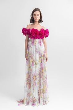 Off-shoulder tulle long dress with ruffled details. - HerTrove Mother Of The Groom Gowns, Tulle Long Dress, Tulle Dress Long, Floral Tulle Dress, Purple Evening Dress, Off Shoulder Gown, Floral Chiffon Dress, Cut Dress, Elegant Dresses Long