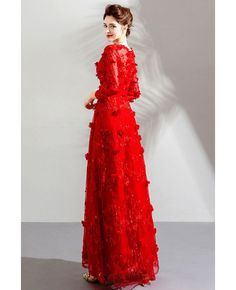 Buy Special Long Red Floral Party Dress With Long Sleeves Flowers at wholesale price online. Free shipping and pro custom service since 2009. Red Long Sleeve Banquet Dress, Red Long Dresses For Banquet, Elegant Red Long Sleeve Dress For Party, Elegant Red Long Sleeve Party Dress, Red Floral Print Party Dress, Red Long Evening Gown, Red Long Sleeve Evening Dress For Wedding, Red Long Gown For Evening, Christmas Party Long Sleeve Gown