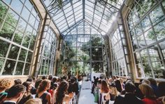 a group of people standing inside of a greenhouse