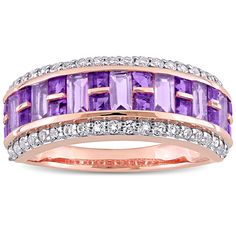 This pretty mosaic anniversary band is crafted in lustrous 10-karat rose gold. This elegant eternity ring features baguette-cut rose de france and square-cut African amethyst adorned with round white topaz gemstones studded on its edges. This beautiful wedding ring is the perfect gift for your beloved. Enhanced with a high polish finish, this modern wedding band is a valuable addition to any jewelry collection. Modern Wedding Band, Diamond Wallpaper, Gold Amethyst Ring, Gold Anniversary Rings, Amethyst And Diamond Ring, Beautiful Wedding Rings, Stone Studs, Gemstone Studs, Topaz Stone