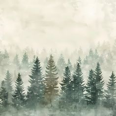 an abstract painting of trees in the foggy forest with watercolor paint on paper