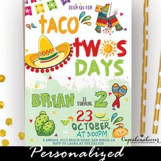 a flyer for a taco themed birthday party with gold confetti and straws