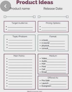 a printable product label with the words product ideas and other things to include in it