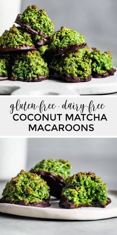 chocolate covered coconut matcha macaroons on a white plate