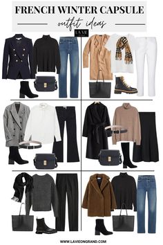 6 different outfit combinations of French inspired pieces to wear during winter of coats, blazers, jeans, shoes. Europe Winter Shoes, Winter Outfits To Work, Classic Designer Pieces, Classic Chic Outfits Winter, Minimal Classic Style Winter, Mild Winter Outfits, Parissiene Style Winter, French Cold Weather Outfits, French Outfit Style Winter