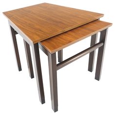 two wooden tables sitting next to each other on top of a white surface with metal legs