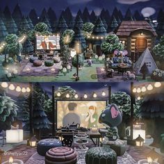 an animated scene with people watching tv in the forest at night and on the lawn