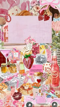 a collage of food, drinks and other items on a table with a pink background