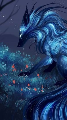 a painting of a blue and white unicorn with long hair in the woods at night