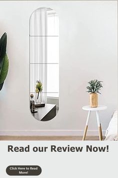 a mirror sitting on top of a white wall next to a table with a potted plant