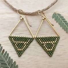 Bohemian Gold Triangle Jewelry, Geometric Beaded Gold Earrings, Gold Triangle Beaded Bohemian Earrings, Adjustable Gold Triangle Earrings, Gold Geometric Beaded Earrings As A Gift, Gold Beaded Geometric Earrings, Geometric Gold Beaded Earrings, Gold Triangle Jewelry With Ear Wire, Gold Geometric Beaded Earrings