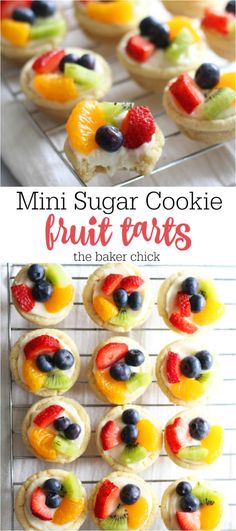 mini sugar cookie fruit tarts on a cooling rack with the title text above it