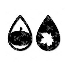 two black and white silhouettes of leaves in tear shaped shapes with the shape of an animal