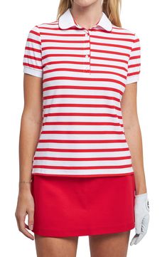 This cotton-blend polo shirt is crafted with a classic striped print and abbreviated sleeves for weekend-ready wear. Button half-placket Short sleeves 50% cotton, 47% polyester, 3% spandex with 100% cotton contrast Hand wash, dry flat Imported Cotton Polo With Vertical Stripes, White Horizontal Stripe Polo Shirt For Summer, Striped Collared Cotton T-shirt, Cotton Polo Collar Top With Vertical Stripes, Cotton Polo Shirt With Vertical Stripes, Cotton Polo Shirt With Horizontal Stripes, Cotton Collared Polo Shirt With Vertical Stripes, Cotton Short Sleeve Polo Shirt With Vertical Stripes, White Horizontal Stripe Cotton Polo Shirt