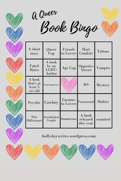 a book bingo with hearts drawn on it