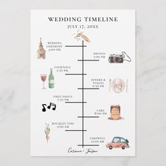 the wedding timeline poster is displayed on a white background with an old car and music notes