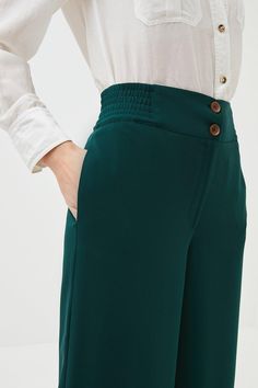 Swap Skinny Jeans For Something Far More Refined This Season. These Softly Tailored  Wide-Leg Pants Gently Skim The Figure For An Ultra-Flattering Fit And Feature Handy Side Pockets And A Zip-And-Button Fly Closure. Tailored Wide-leg Green Pants, Green Relaxed Fit Work Trousers, Tailored Wide-leg Pants With Concealed Placket, Tailored Trousers With Button Closure, Non-stretch Wide Leg Trousers With Belt Loops, Karen Millen, Clothing Essentials, Wide Leg Trousers, Fashion Face