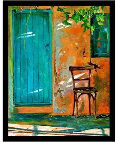 a painting of a chair sitting in front of a building with green doors and windows