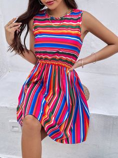 Multicolor Casual Collar Sleeveless Woven Fabric Striped A Line Embellished Non-Stretch Summer Women Clothing Women Summer Casual, Striped Dress, Fashion Online Shop, Summer Casual, All Fashion, Woven Fabric