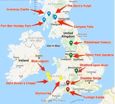 a map with red arrows pointing to locations in the united kingdom and other major cities