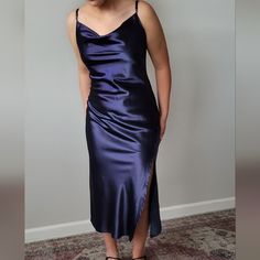 This Cowl Neck Midi Dress Is Sure To Have All Eyes On You! Crafted From Elegant Satin, It Features A Tantalizing Side Slit And Adjustable Straps For A Fit You Won't Be Able To Resist. Strike A Beguiling Pose And Turn Heads For Days In This Sophisticated Stunner That's Sure To Leave A Lasting Impression. Fit: True To Size Soft And Comfortable Adjustable Straps Side Slip Cowl Neck Midi Dress, Cowl Dress, Dress Satin, All Eyes, All About Eyes, Navy Color, Cowl Neck, Adjustable Straps, Midi Dress