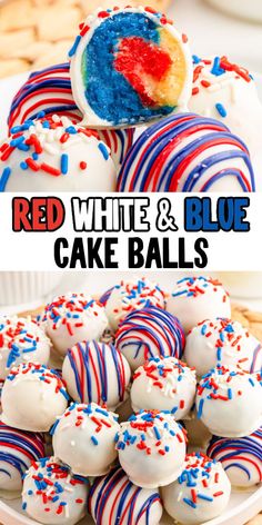 red, white and blue cake balls on a plate