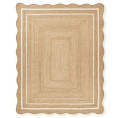 a square rug with scalloped edges and an oval design on the center in beige