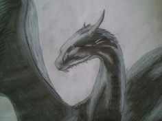 a drawing of a dragon with its head turned to the side and wings spread out