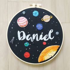 Space Embroidery personalised name hoop boys room baby nursery handmade handcrafted wall art wall decor custom made planets Embroidery solar system hand embroidery Planets Embroidery, Space Embroidery, 9 Planets, Ribbon Embroidery Tutorial, Planet Design, Laundry Design, Baby Frame, Embroidery Tshirt, Name Embroidery