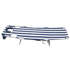 a blue and white striped beach chair with two legs on the bottom one leg up