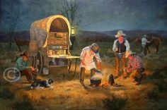 an oil painting of people around a campfire with a wagon in the background and a dog laying on the ground