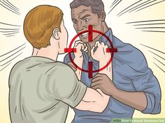 a man is pointing at another man with a red cross on his chest