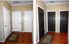 before and after photos of a home's entryway with black doors, wood floors and white trim