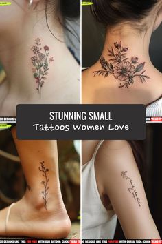 four different tattoos on the back of women's neck and lower body, including flowers