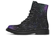 Aurora Boots - Lace-up Black Combat Galaxy Print Vegan Leather Statement Cruelty-free Festival Goth Ankle Boots Space Boots, Manifest 2024, Boots Aesthetic, Long Tee Shirts, Gym Backpack, Trendy Sandals, Purple Swirl, Witchy Fashion, Concert Outfits