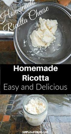 homemade ricotta in a colander with text overlay reading homemade ricotta easy and delicious