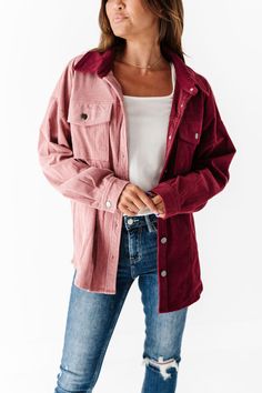 Features Collar Long sleeves Front buttons Breast pockets with buttons Corduroy Colorblock Shirt Size + Fit Small 0-4, Medium 4-8, Large 8-12, X-Large 12-16, 1X 14-18, 2X 16-20, 3X 20-24 Kristin is 5'4", a size 1 and is wearing a Small Jaycie is 5'6", a size 18 and is wearing a 2X Runs true to size Altard State Outfit, Senior Pictures In The City, Pictures In The City, Cute Senior Pictures, Pink Corduroy Jacket, Edgy Girls, Womens Denim Shirt, Double Denim