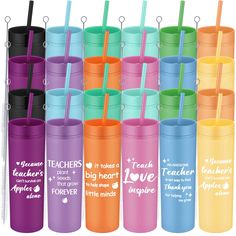 many different colored tumblers with their lids and straws in each one's mouth