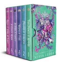 the complete series of books in purple, green and blue are shown with an image of flowers