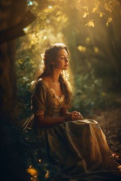 a woman in a dress sitting under a tree with the sun shining through her eyes