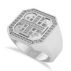 A popular symbol of faith, the Jerusalem Cross features one large center cross surrounded by four smaller ones in a design said to symbolize Christ, the four directions, and the Four Gospels of Matthew, Mark, Luke and John. Our Men's 14k white gold Diamond Accented Jerusalem Cross Signet Ring is highlighted by a center cross set with and bordered by 49 sparkling white diamonds.#diamondring #diamondringsby #diamondringtaken #diamondringdesign #diamondrings #diamondringforsale #diamondringhk The Four Gospels, Four Gospels, Gents Ring, Four Directions, Cross Ring