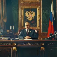 a man in a suit sitting at a desk