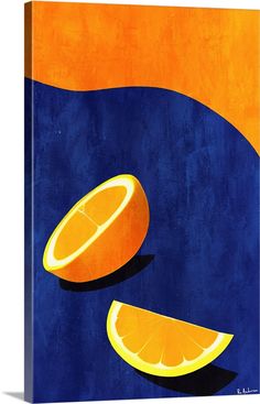 Canvas Art Print entitled Petit Deia Jeuner Deux Oranges.  Multiple sizes available.  Primary colors within this image include Orange, Light Yellow, Dark Blue, Olive Green.  Made in the USA.  All products come with a 365 day workmanship guarantee.  Inks used are latex-based and designed to last.  Archival inks prevent fading and preserve as much fine detail as possible with no over-saturation or color shifting.  Canvas is handcrafted and made-to-order in the United States using high quality arti Blue Orange Painting, Photography Gallery Wall, Orange Bar, Harmony Art, Multicolor Art, Blue Drawings, Orange Painting, Cubism Art, Orange Wall Art